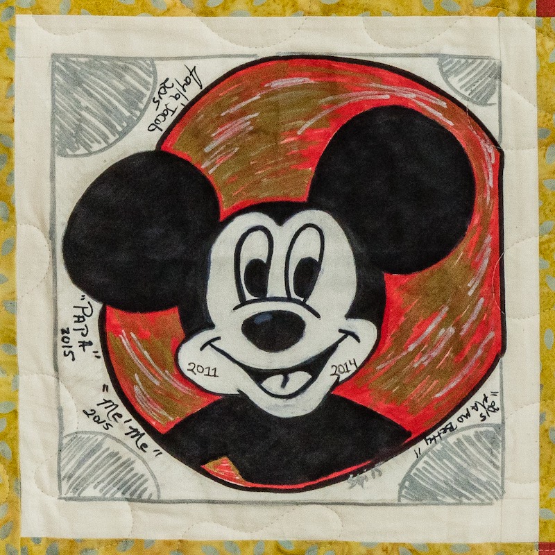Quilt square for Braedyn Hunt with large illustration of Mickey Mouse.