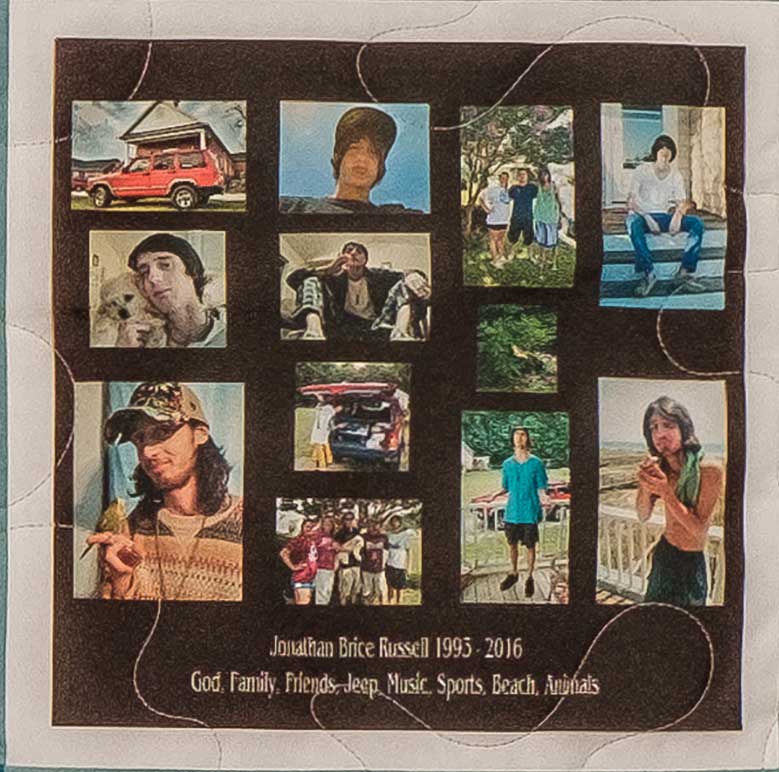 Quilt square for Jonathan Russell with a collage of photos of Jonathan with family, friends, and pets. Text reading: God, Family, Friends, Jeep, Music, Sports, Beach, Animals