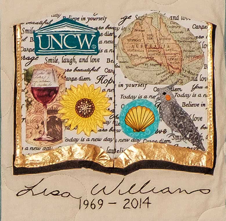 Quilt square for Lisa Williams with an illustration of a book with patches of wine, UNCW logo, a map of Australia, a shell, flower, and bird.