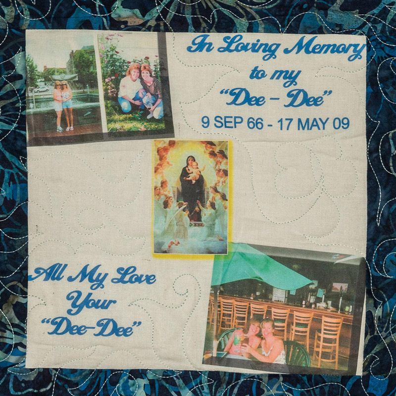 Quilt square for Elizabeth Harrison with photos of Elizabeth with family and text reading: all my love dee-dee.