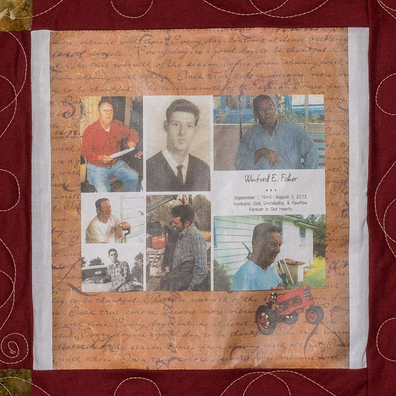 Quilt square for Winford Fisher with a collage of photos of Winford from different times in his life and a patch of a tractor.