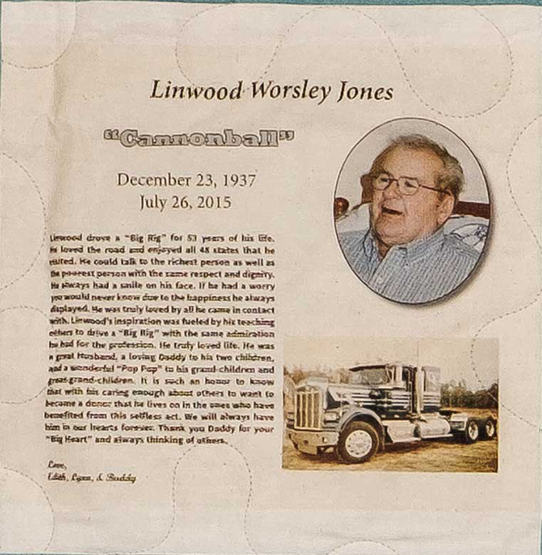 Quilt square for Linwood Jones with a photo of Linwood and a semitruck
