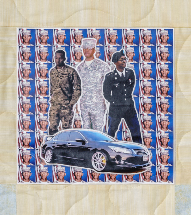 Quilt square for Cordell Vann with photos of Cordell in his army uniform and a patch of a black sedan
