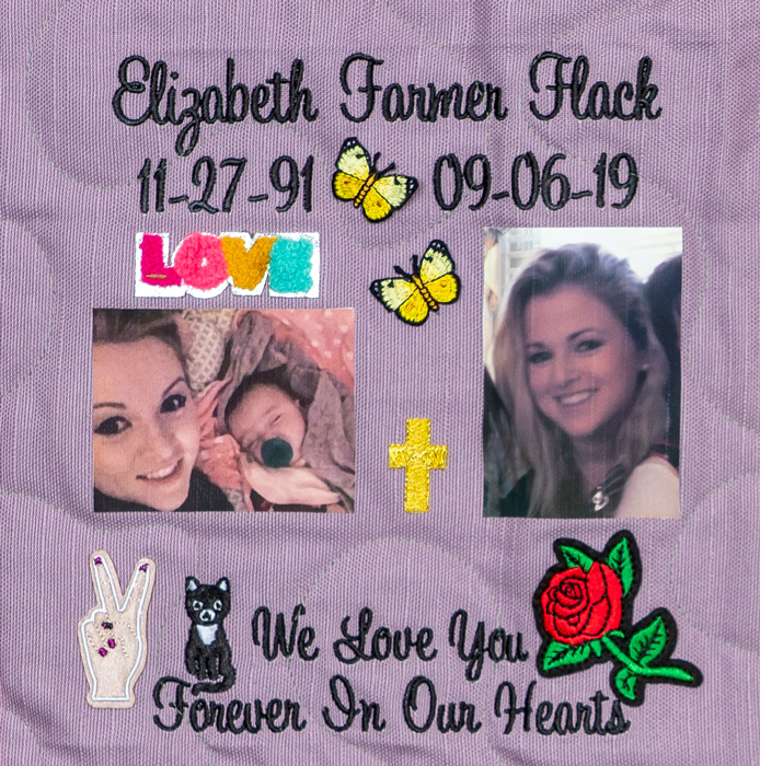 Quilt square for Elizabeth Flack with photos of Elizabeth and text reading: we love you forever in our hearts