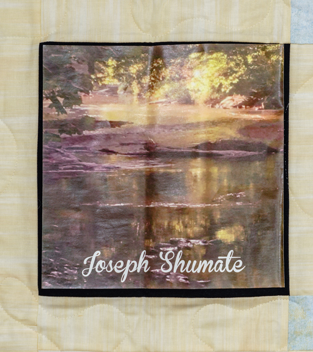 Quilt square for Joseph Shumate with a photo of a river