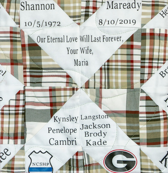 Quilt square for Shannon Maready with text reading: Our eternal love will last forever, your wife, Maria.