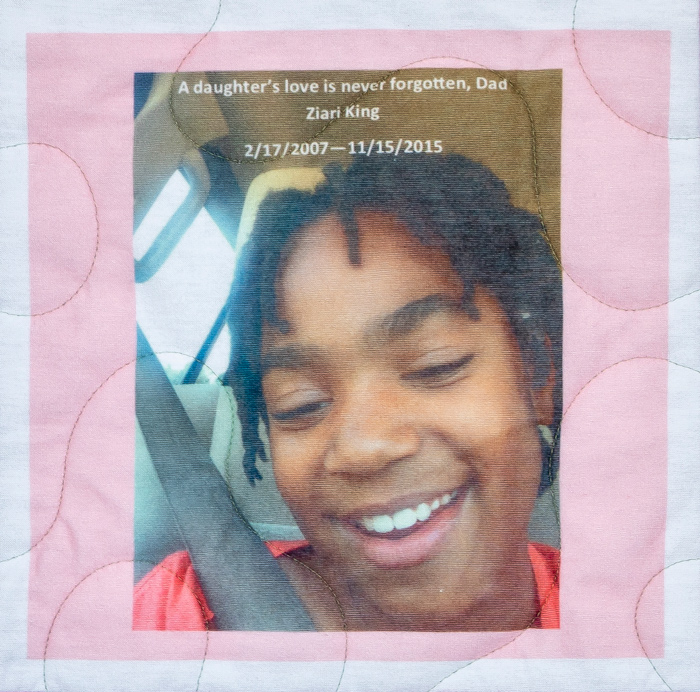 Quilt square for Ziari King with photo of Ziari in car and text reading: A daughter’s love is never forgotten, Dad
