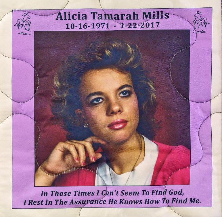 Quilt square for Alicia Tamarah Mills with a portrait of Tamarah and text reading: In those times I can’t seem to find God, I rest iin the assurance he knows how to find me.
