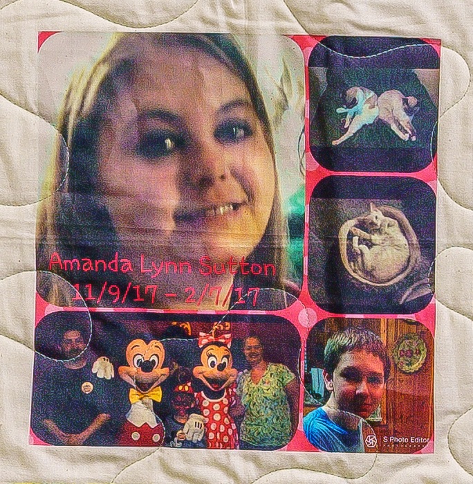 Quilt square for Amanda Sutton with photos of Amanda, family, and cats.