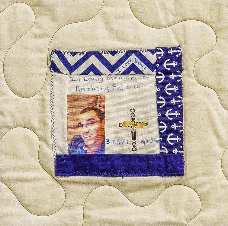 Quilt square for Anthony Feliciano with a photo of Anthony and an anchor pattern