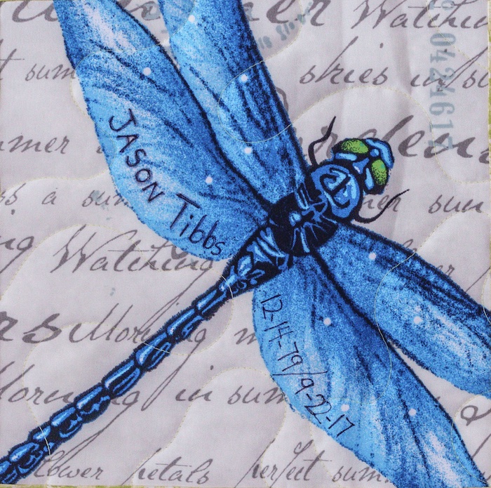 Quilt square for Jason Tibbs with a large blue dragon fly