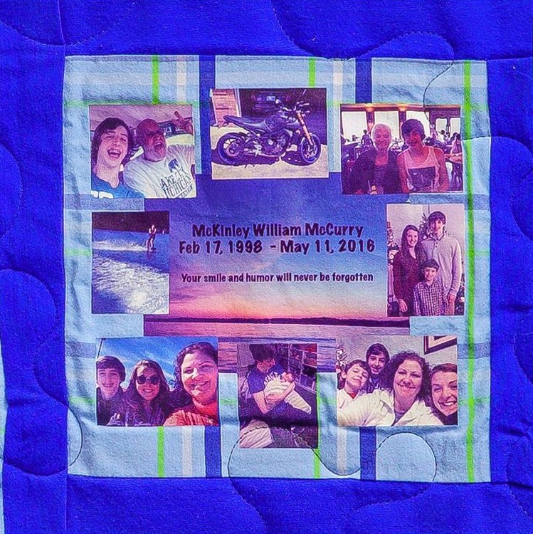 Quilt square for McKinley McCurry with a collage of photos of McKinley with Family and a sunset in the center.