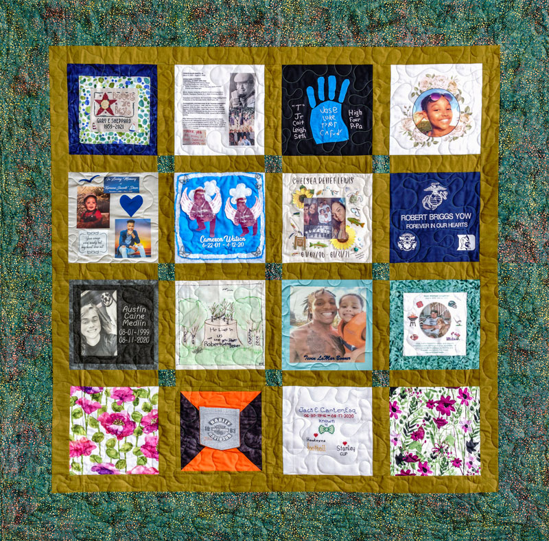 Colorful yellow quilt with 16 unique squares featuring donor names, photos, and memories