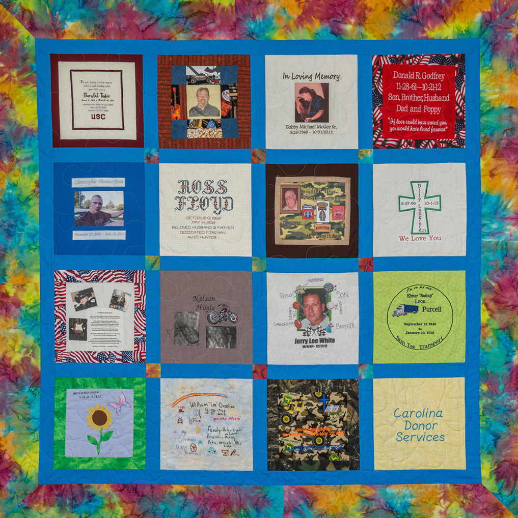 Colorful blue with tie dye pattern and 16 unique squares featuring donor names, photos, and memories