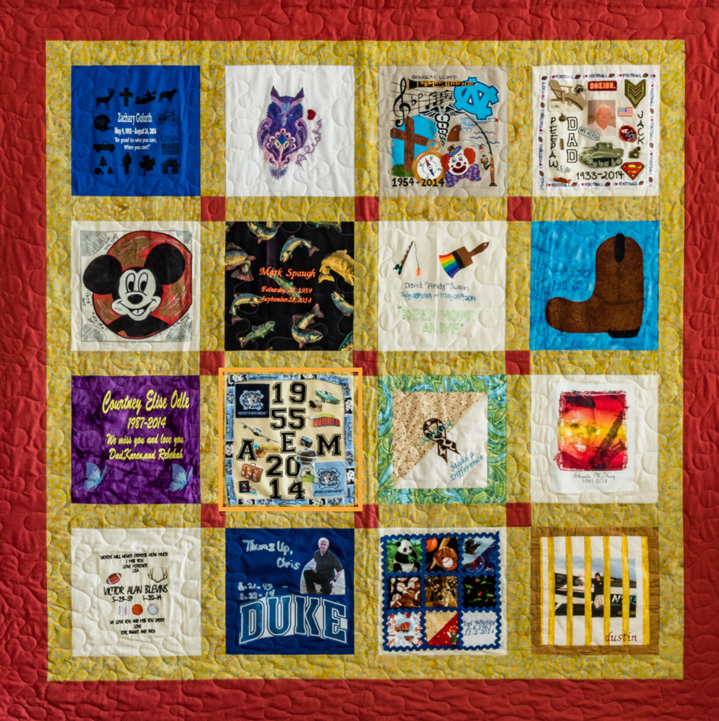 Colorful red and yellow quilt with 16 unique squares featuring donor names, photos, and memories