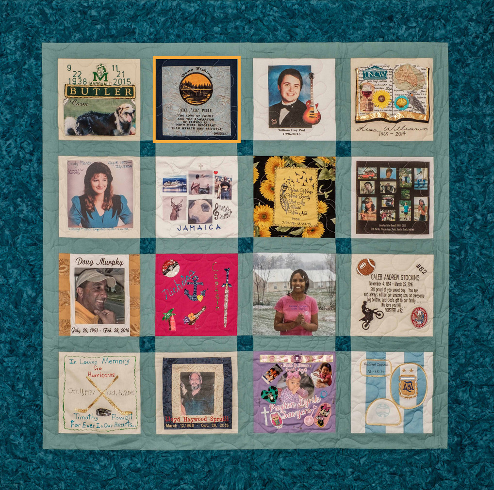 Colorful Blue and green quilt with 16 unique squares featuring donor names, photos, and memories
