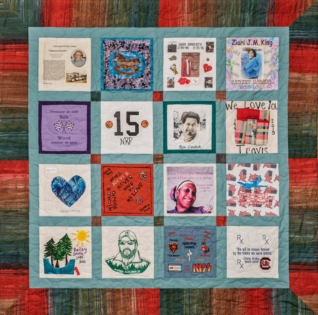 Colorful Green, red, and teal quilt with 16 unique squares featuring donor names, photos, and memories