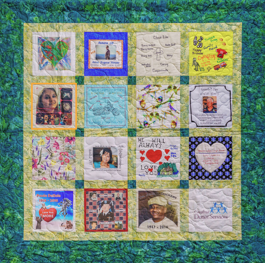 Colorful green and yellow quilt with 16 unique squares featuring donor names, photos, and memories