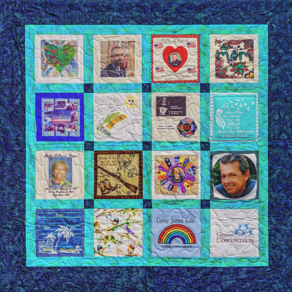 Colorful purple and teal quilt with 16 unique squares featuring donor names, photos, and memories
