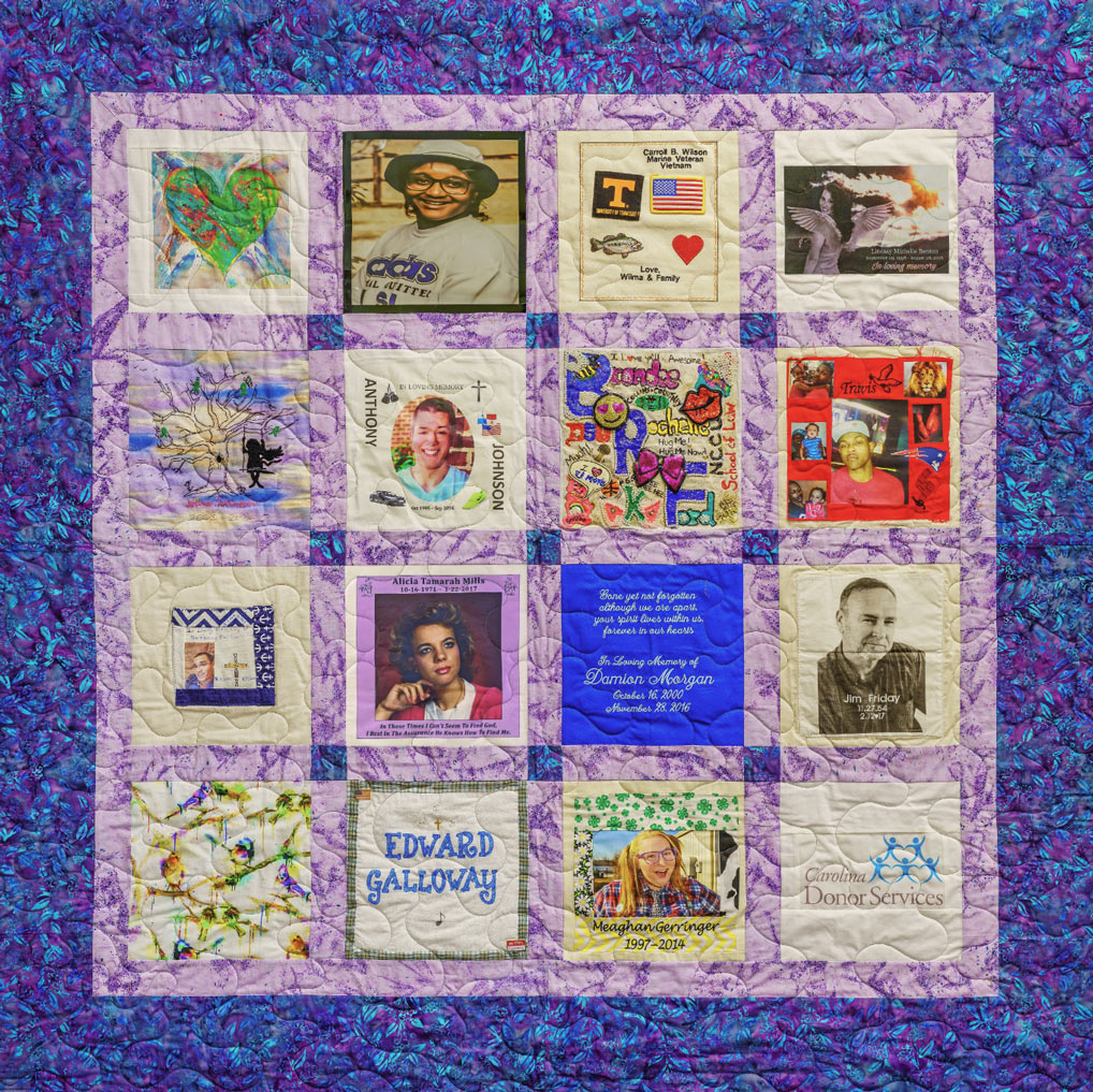 Colorful purple and pink quilt with 16 unique squares featuring donor names, photos, and memories