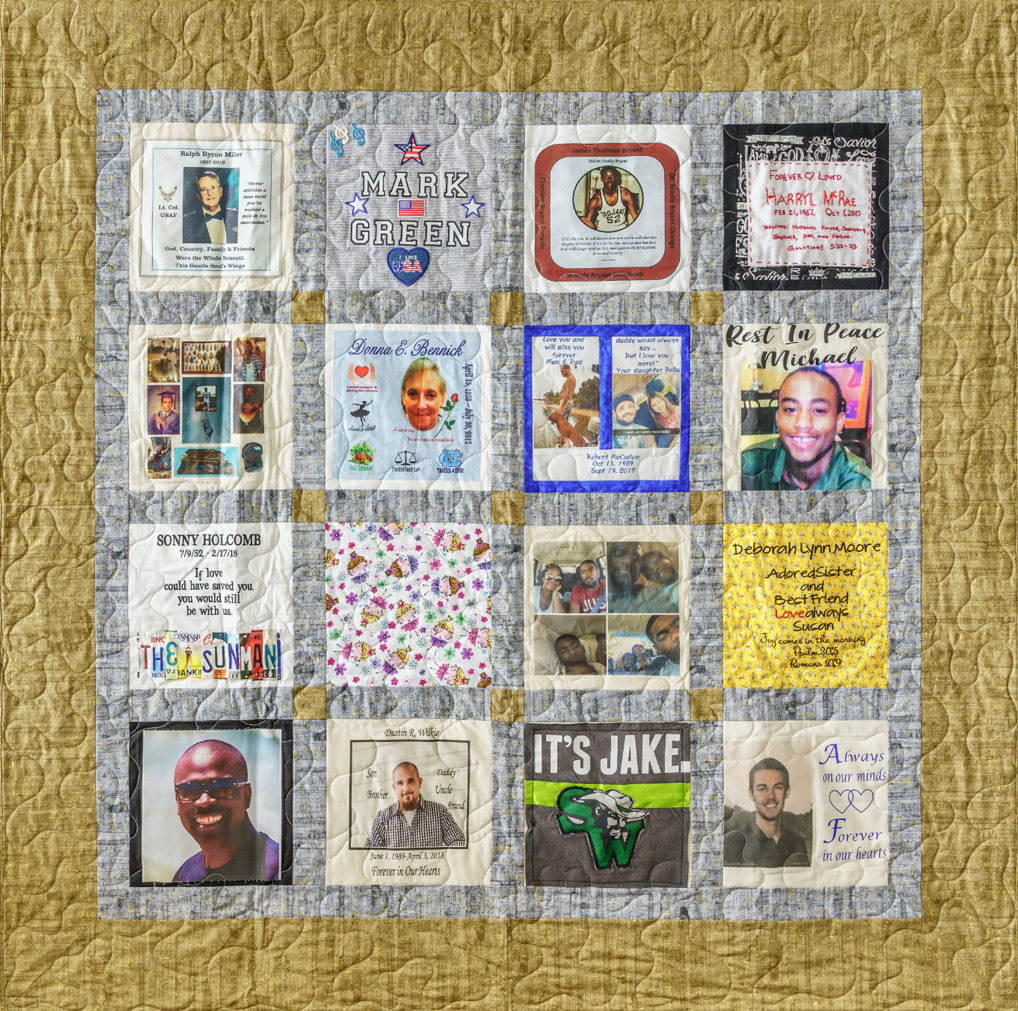 Colorful gold quilt with 16 unique squares featuring donor names, photos, and memories