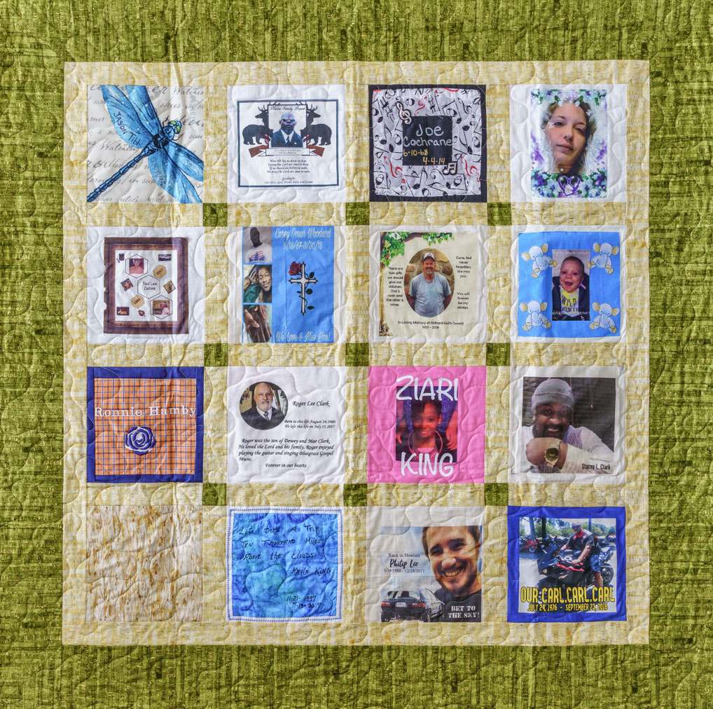 Colorful chartreuse quilt with 16 unique squares featuring donor names, photos, and memories
