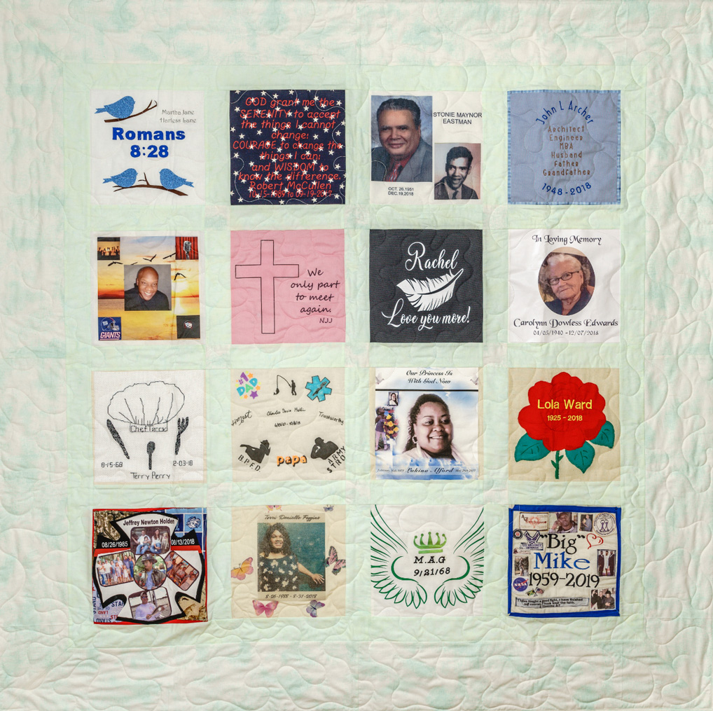 Colorful light green quilt with 16 unique squares featuring donor names, photos, and memories