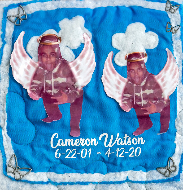 Quilt square for Cameron Watson with pictures of Cameron in the clouds