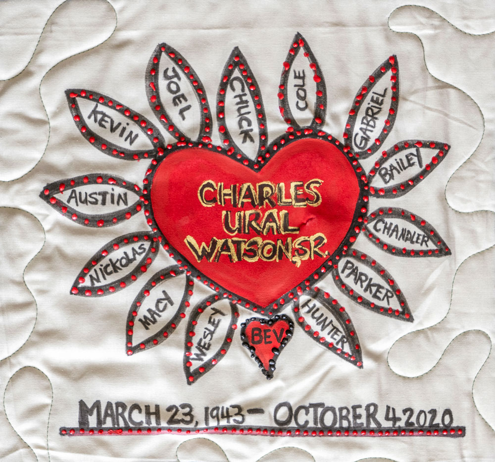 Quilt Square for Charles Watson with heart and names of family members