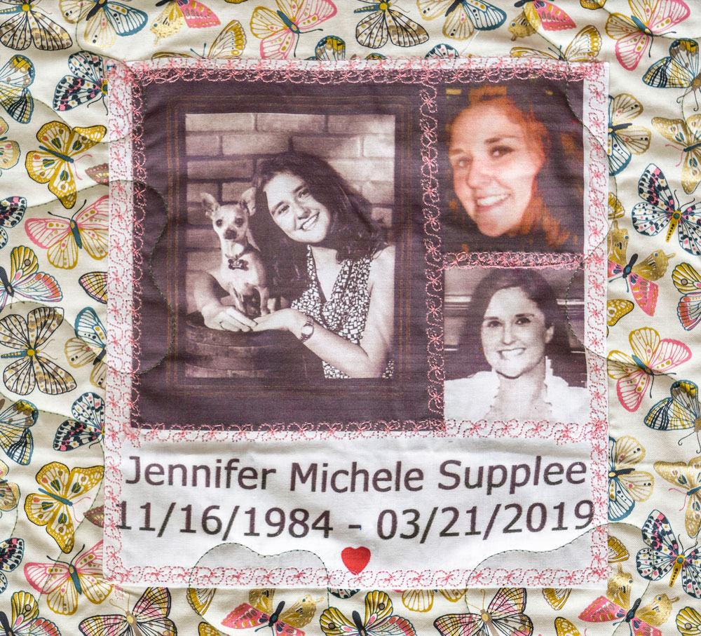 Quilt Square for Jennifer Supplee with photos of Jennifer