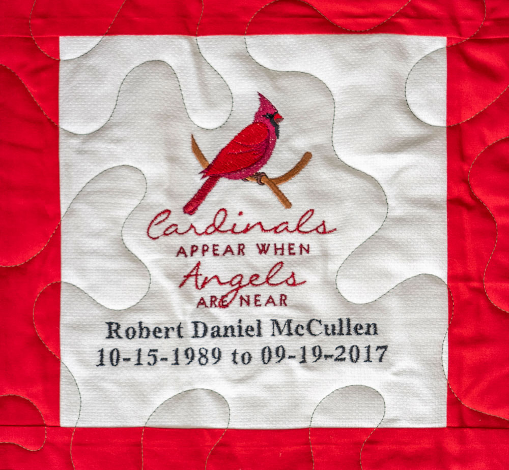 Quilt Square for Robert McCullen with text reading: Cardinals appear when angels are near.