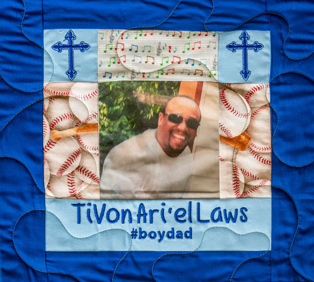 Quilt Square for Tivon Laws with photo and text reading: #boydad