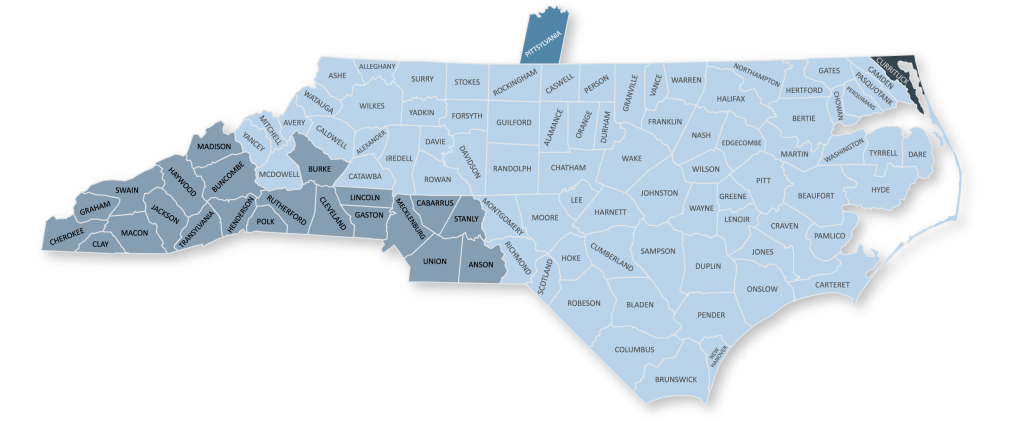 Colorful map of North Carolina highlight honorbridge's service area