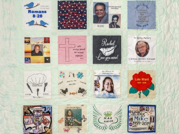 Colorful light green quilt with 16 unique squares featuring donor names, photos, and memories