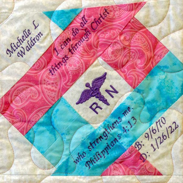 Michelle Waldron donor quilt square submitted by spouse