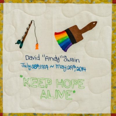 Quilt square for David Swain with a rainbow paintbrush, a fishing rod, and text reading keep hope alive.