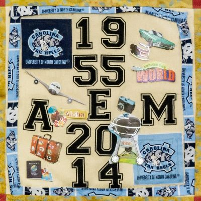 Quilt square for Anthony Morrison with collage of patches including: UNC, Planes, Hawaii, Luggage, Passports, Around the World, BBQ, Camera, antique car, and pancakes.