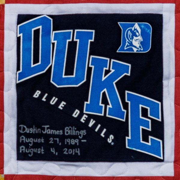 Quilt square for Dustin Billings with Blue Devils logo and Duke logo