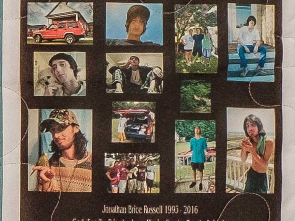 Quilt square for Jonathan Russell with a collage of photos of Jonathan with family, friends, and pets. Text reading: God, Family, Friends, Jeep, Music, Sports, Beach, Animals