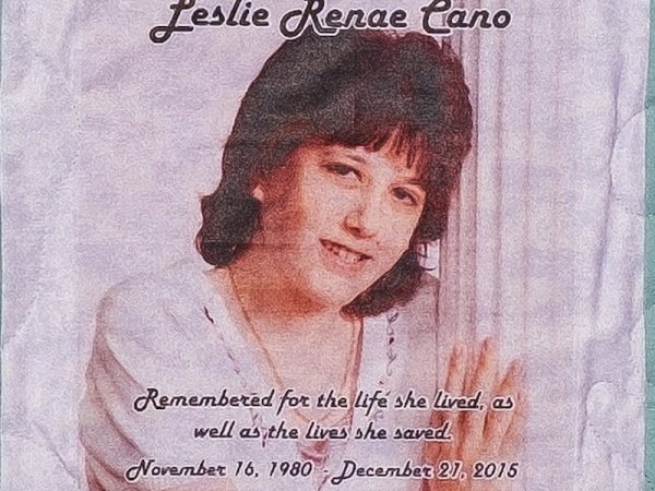 Quilt square for Leslie Cano with a photo of Leslie and text reading: Remembered for the life she lived as well as the lives she saved.