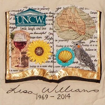 Quilt square for Lisa Williams with an illustration of a book with patches of wine, UNCW logo, a map of Australia, a shell, flower, and bird.