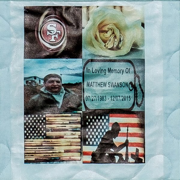 Quilt square for Matthew Swanson with photos of Matthew, American flags, SF Logo, flowers, and text reading: In Loving Memory.