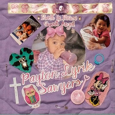 Quilt square for Payton Sawyers with a collage of photos including: baby photos of Payton, mini mouse, owls, a ring, and a cross.