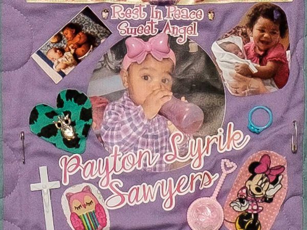 Quilt square for Payton Sawyers with a collage of photos including: baby photos of Payton, mini mouse, owls, a ring, and a cross.