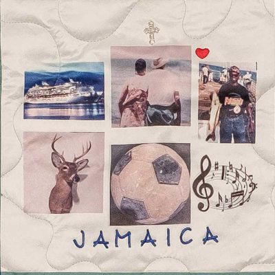 Quilt square for Robert Staches with a collage of photos of Robert, soccer, music, deer, a cruise ship, fishing, and text reading: Jamaica.