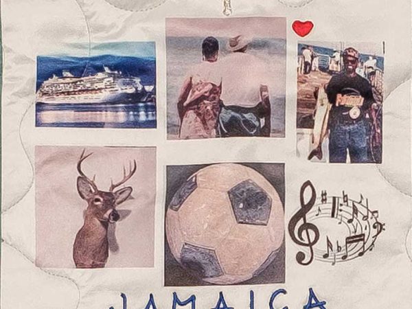 Quilt square for Robert Staches with a collage of photos of Robert, soccer, music, deer, a cruise ship, fishing, and text reading: Jamaica.