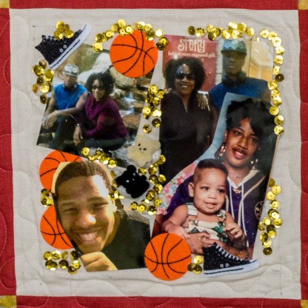 Quilt square for Rodney Pickett with a collage of photos of Rodney with family and patches of basket balls.