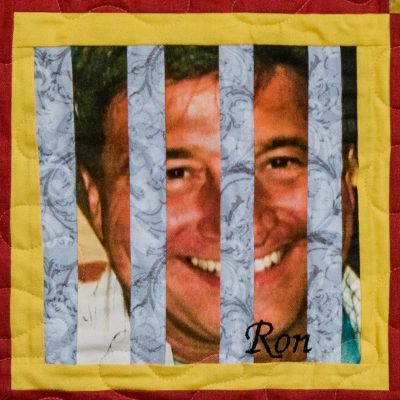 Quilt square for Ron Lindish with photo of Ron.