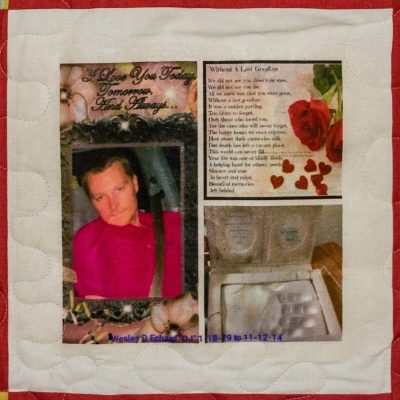 Quilt square for Wesley Echard with a photo of Wesley, a poem, and flowers.