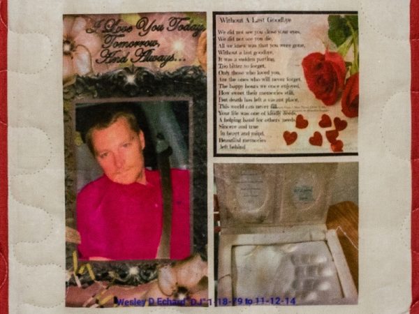 Quilt square for Wesley Echard with a photo of Wesley, a poem, and flowers.